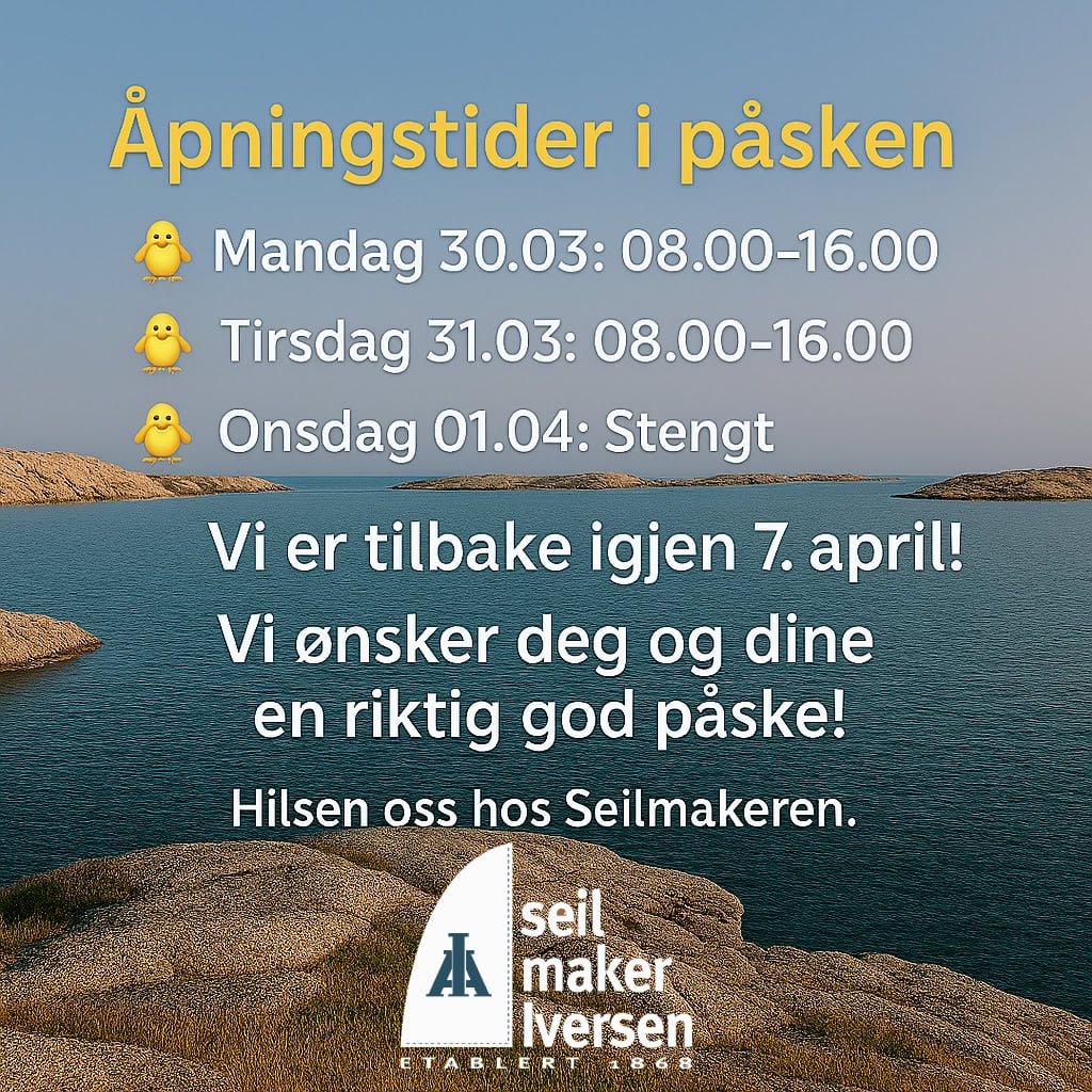 Informasjon om påskeåpningstider for Seilmakeren, med kontaktinformasjon.